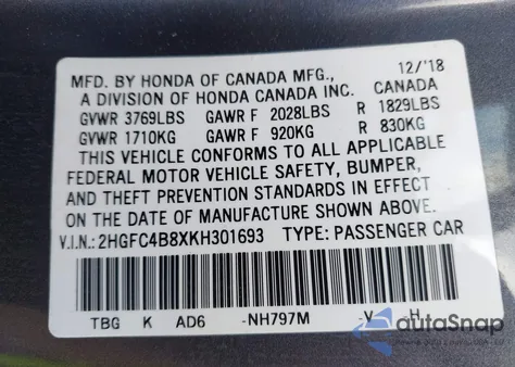 2019 Honda Civic Sport from USA, damaged, VIN 2HGFC4B8XKH301693